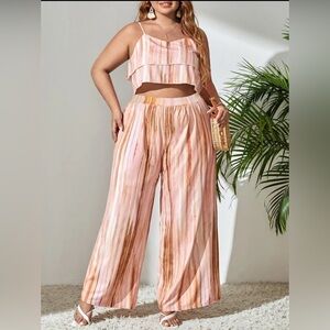 SHEIN Pink and Brown Striped Wide Leg 2 piece